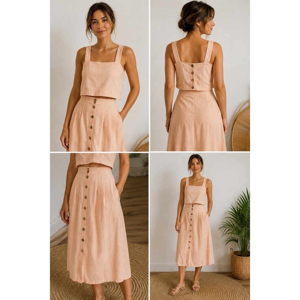 Madewell Peach 2 Piece Outfit Linen Blend Crop Top Sz 6 Cotton Midi Skirt Sz 8